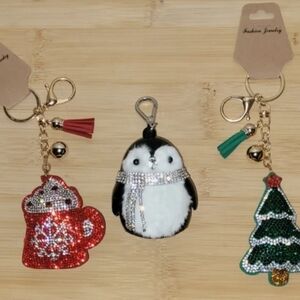 Festive Holiday Christmas Keychain Set with Penguin Hand Sanitizer, Mug, & Tree